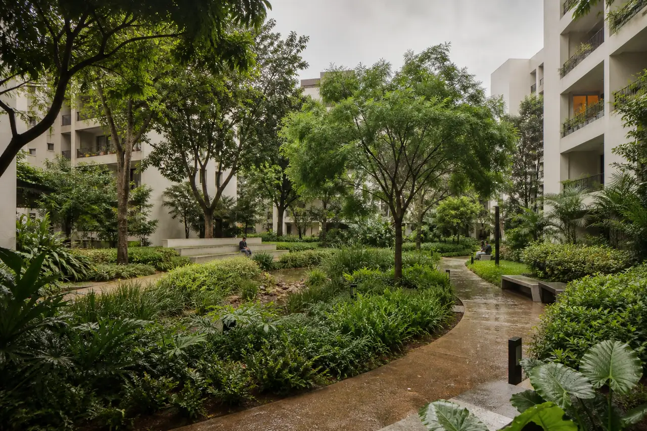 Conceptual landscaped residential courtyard with shaded paths